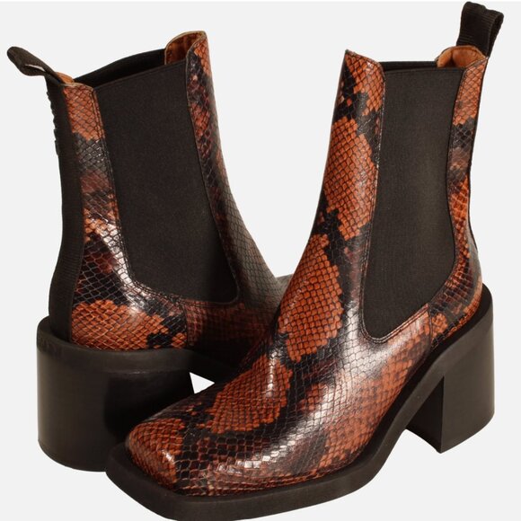 Ganni Leather Square Toe Chelsea Boots (Brown Snakeskin Print) - Picture 1 of 2